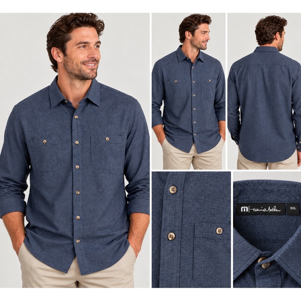 TravisMathew Cloud Flannel Shirt Mens XXL Blue 1MX435 Button Up NWOT Stretch